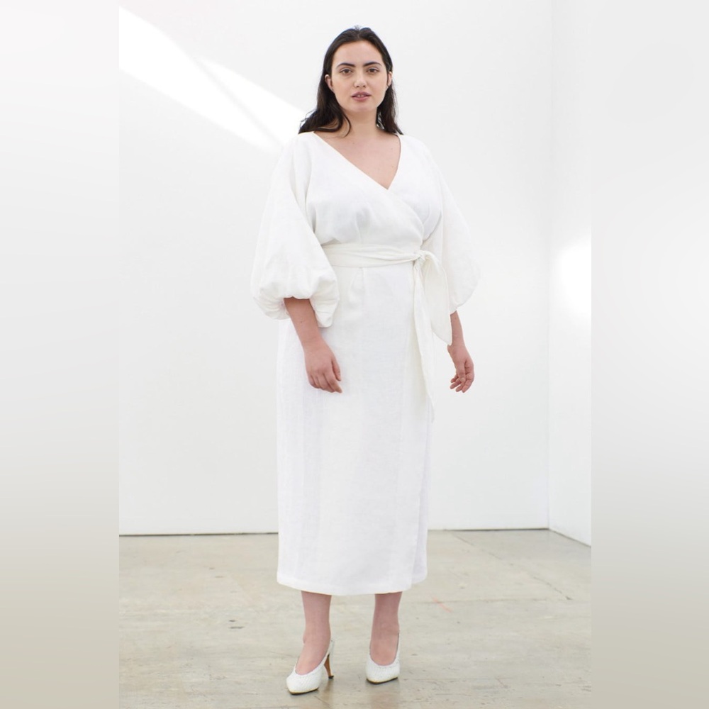 Mara Hoffman: White Francesca Wrap Dress with Puffy Sleeves, Size 1X, NWOT